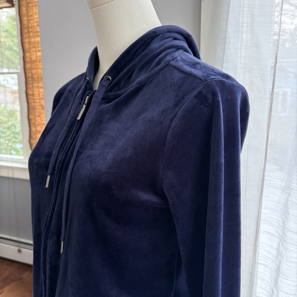 Women's Navy Blue Velvet Velour Hoodie Sz S Full Zip Sweatshirt Track Jacket - Picture 7 of 16